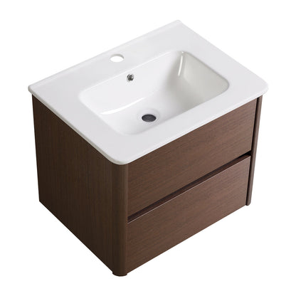 Dark brown wall-mount bathroom vanity with white sink and two drawers