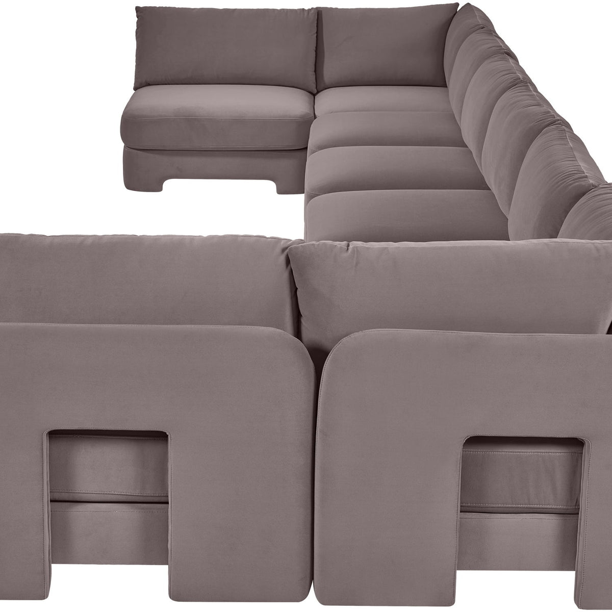 Medium gray velvet U-shaped armless sectional sofa with padded cushions and chaise backrests