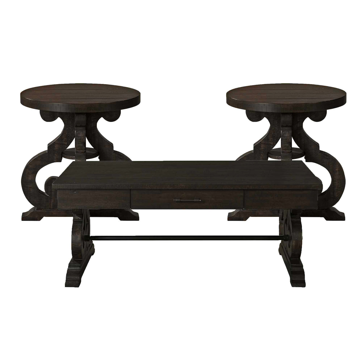 Dark gray occasional table set with two round end tables and central console