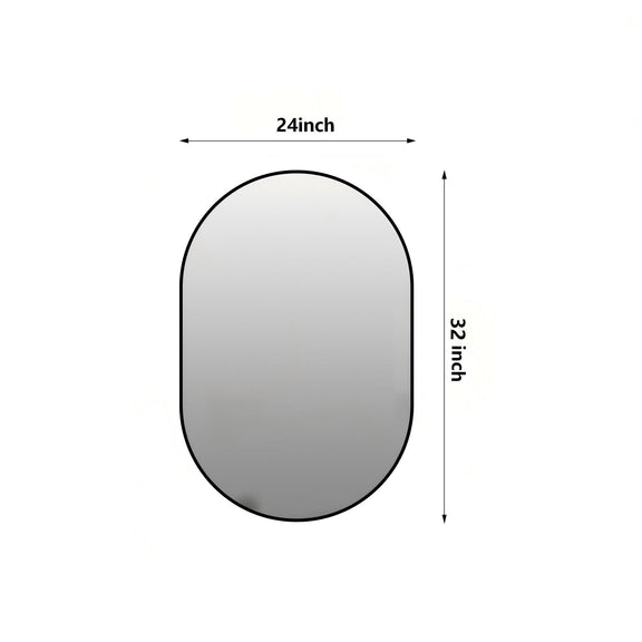 Oval bathroom mirror with black frame, 24 in wide x 32 in high