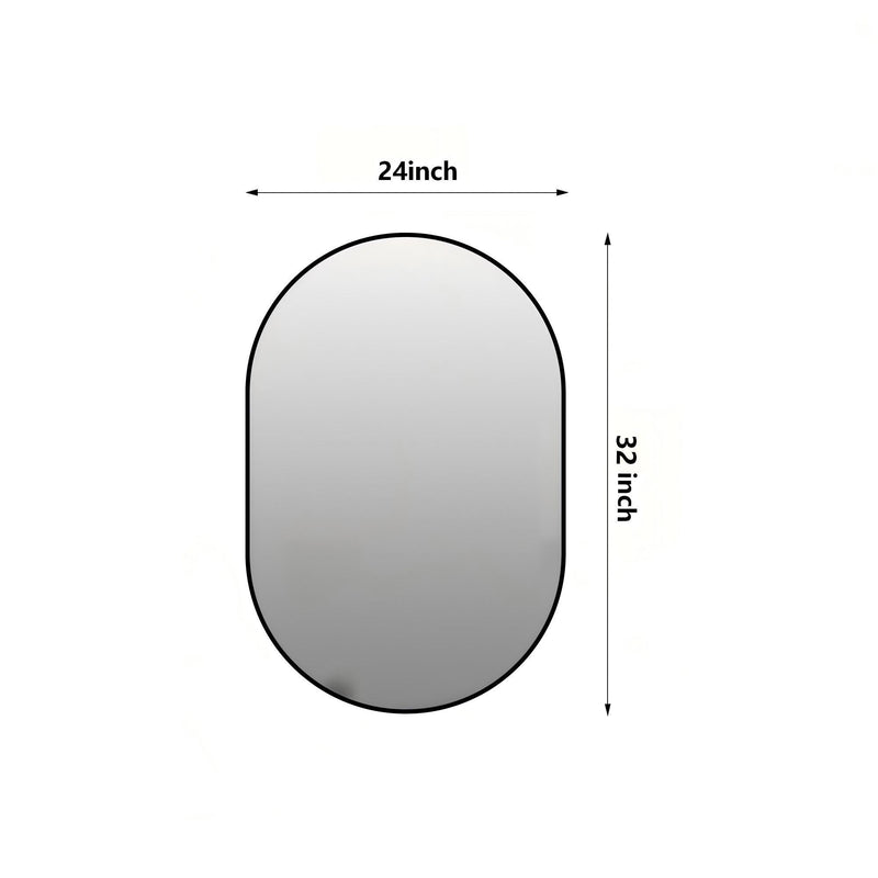 Oval bathroom mirror with black frame, 24 in wide x 32 in high