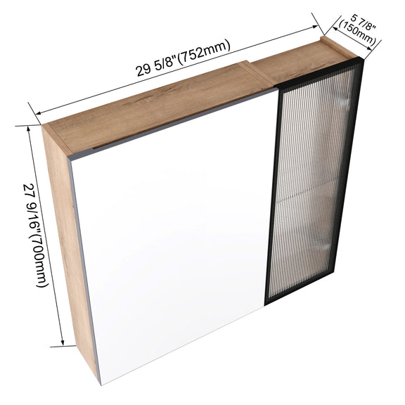 Wall-mounted bathroom cabinet dimensions; oak-finish frame with ribbed door panel