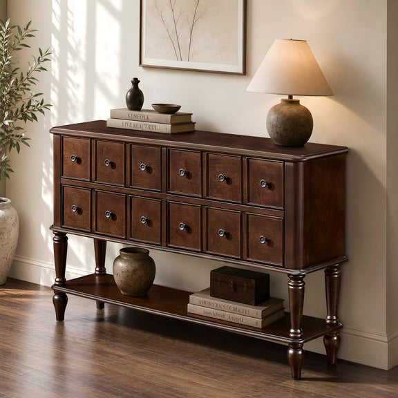 Espresso console table with open shelf and storage drawers, turned legs
