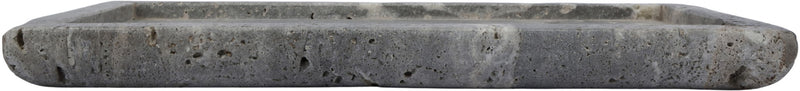 Round gray travertine tray with thick rim and speckled stone surface