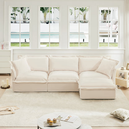 3-Seater Slipcovered L-Shaped Chenille Sectional Sofa - Cream Chenille