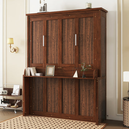 Queen Size Wood Murphy Bed, Space-Saving Hidden Wall Bed, Wall Bed Cabinet, with Gas Struts, Walnut
