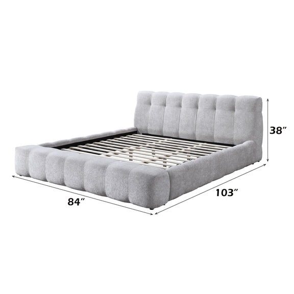 Gray upholstered Eastern king bed dimensions: 103" W x 84" D x 38" H headboard