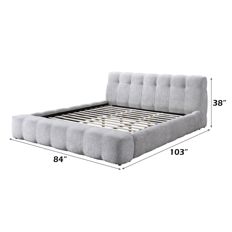 Gray upholstered Eastern king bed dimensions: 103" W x 84" D x 38" H headboard