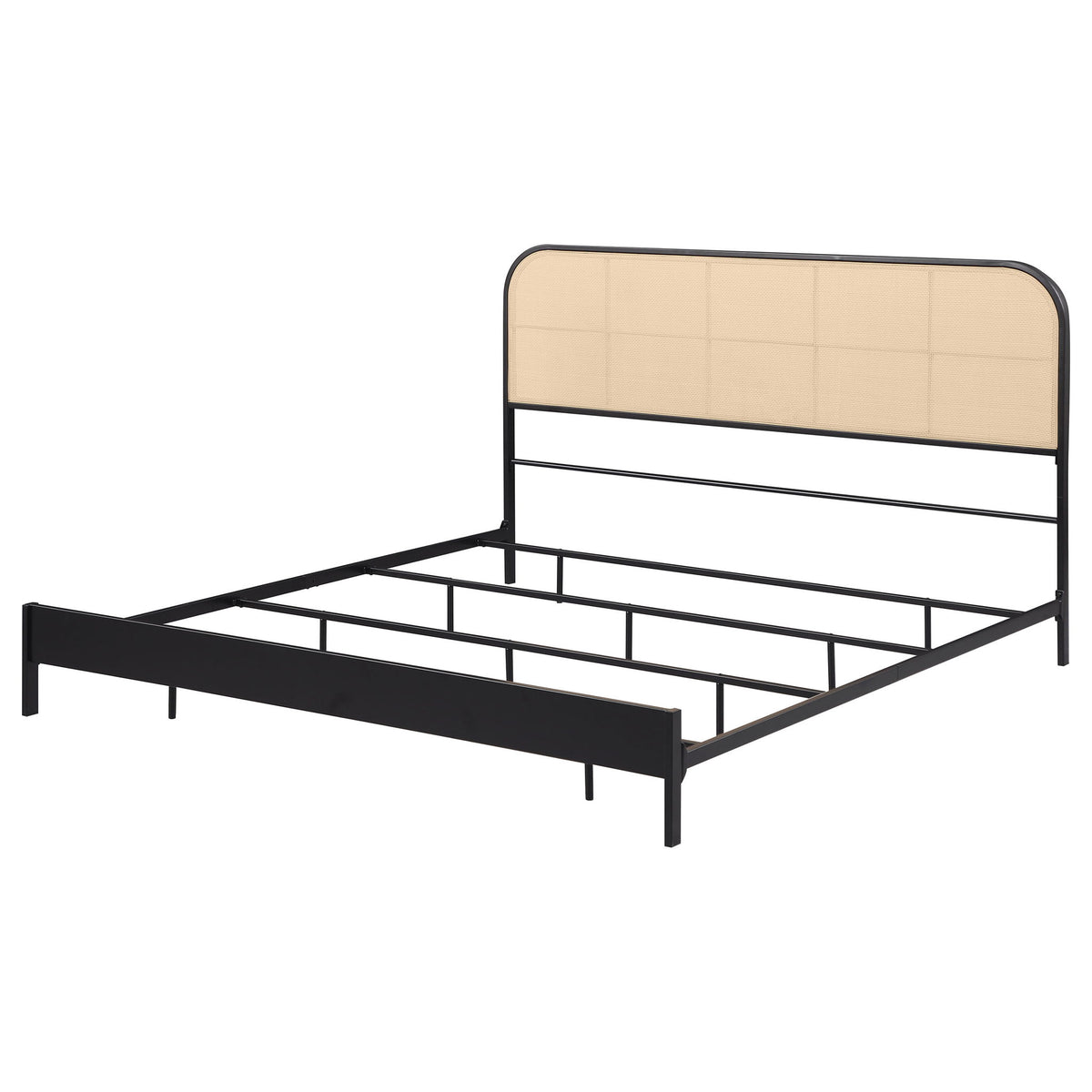Kenneth radio weave bed with rounded beige headboard and black metal platform frame