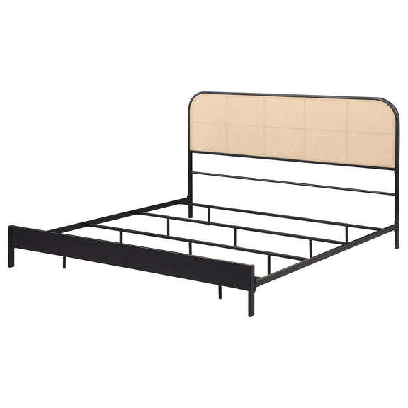 Kenneth radio weave bed with rounded beige headboard and black metal platform frame