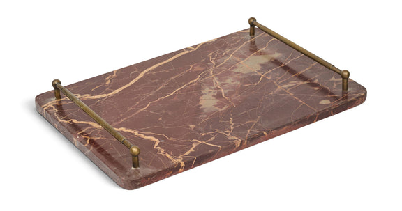 Dark red marble serving tray with corner metal posts and gold veining