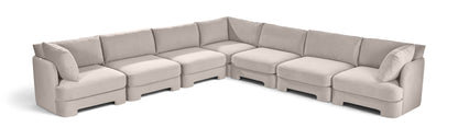 Light gray velvet corner sectional sofa with 7-piece modular arrangement