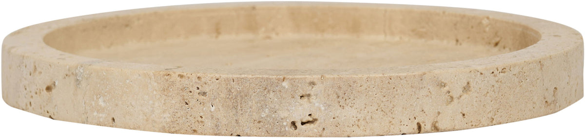 Beige travertine tray side view with thick rim and open center.