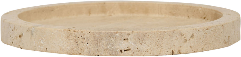 Beige travertine tray side view with thick rim and open center.