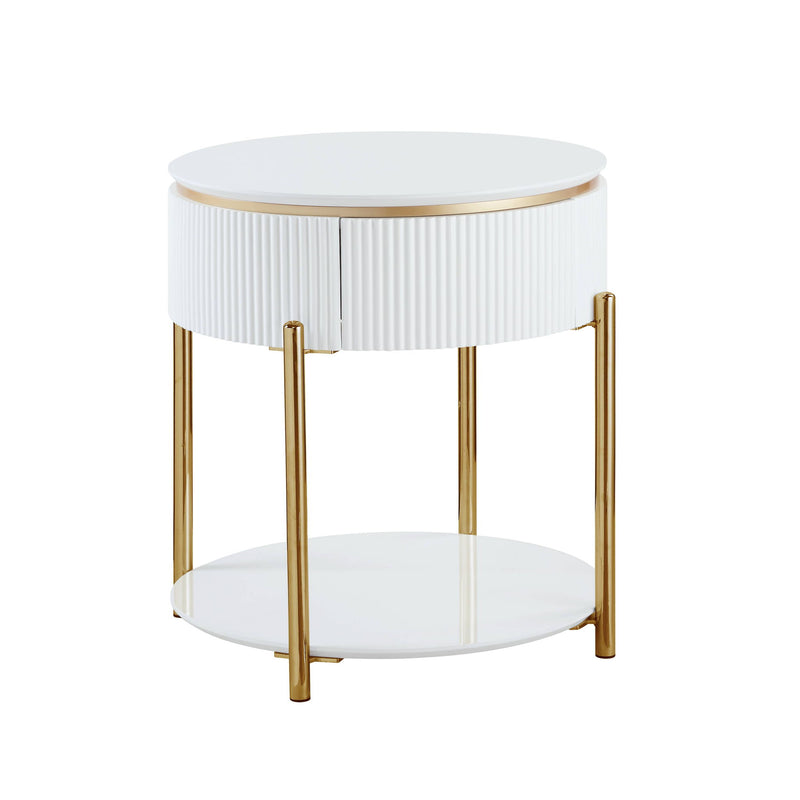 Round end table with white ribbed sides, gold frame legs, and two-tier shelves