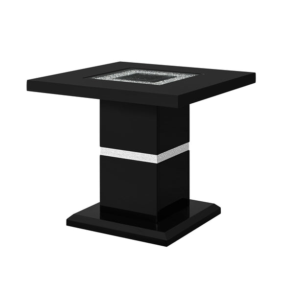 Black end table angled view with square top and glittery silver center