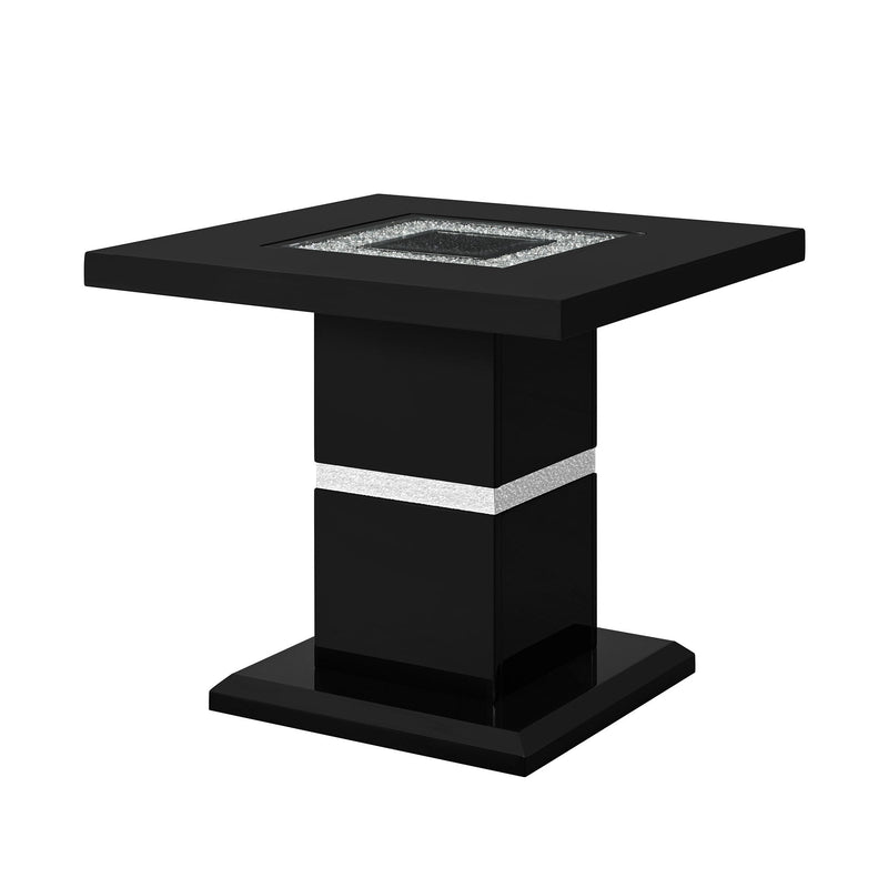 Black end table angled view with square top and glittery silver center