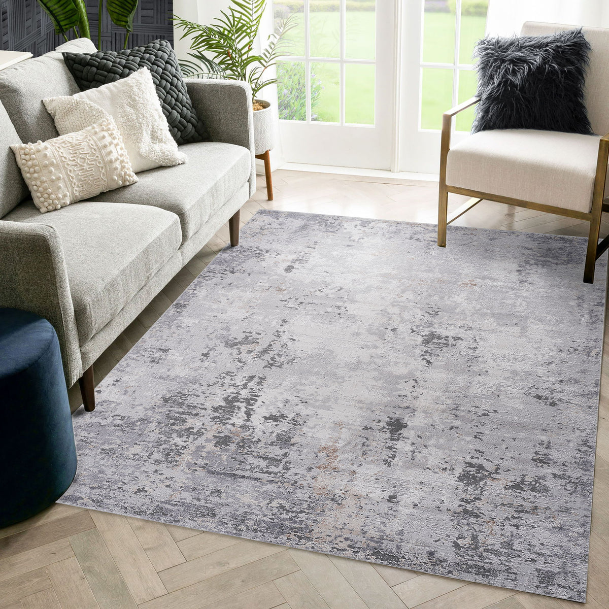 8x10 abstract area rug with distressed gray and ivory pattern