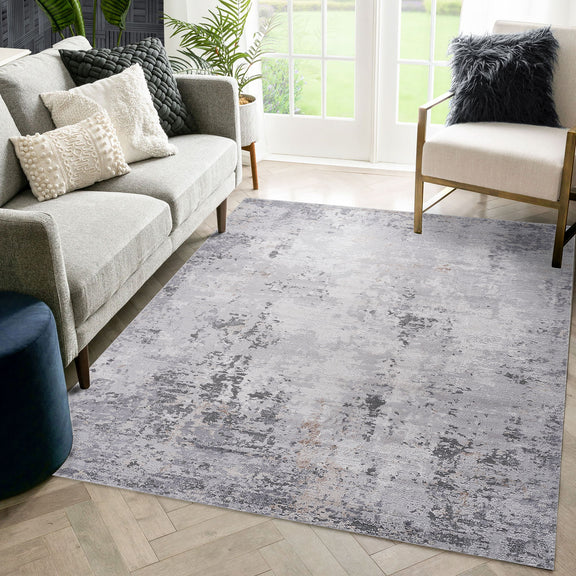 8x10 abstract area rug with distressed gray and ivory pattern