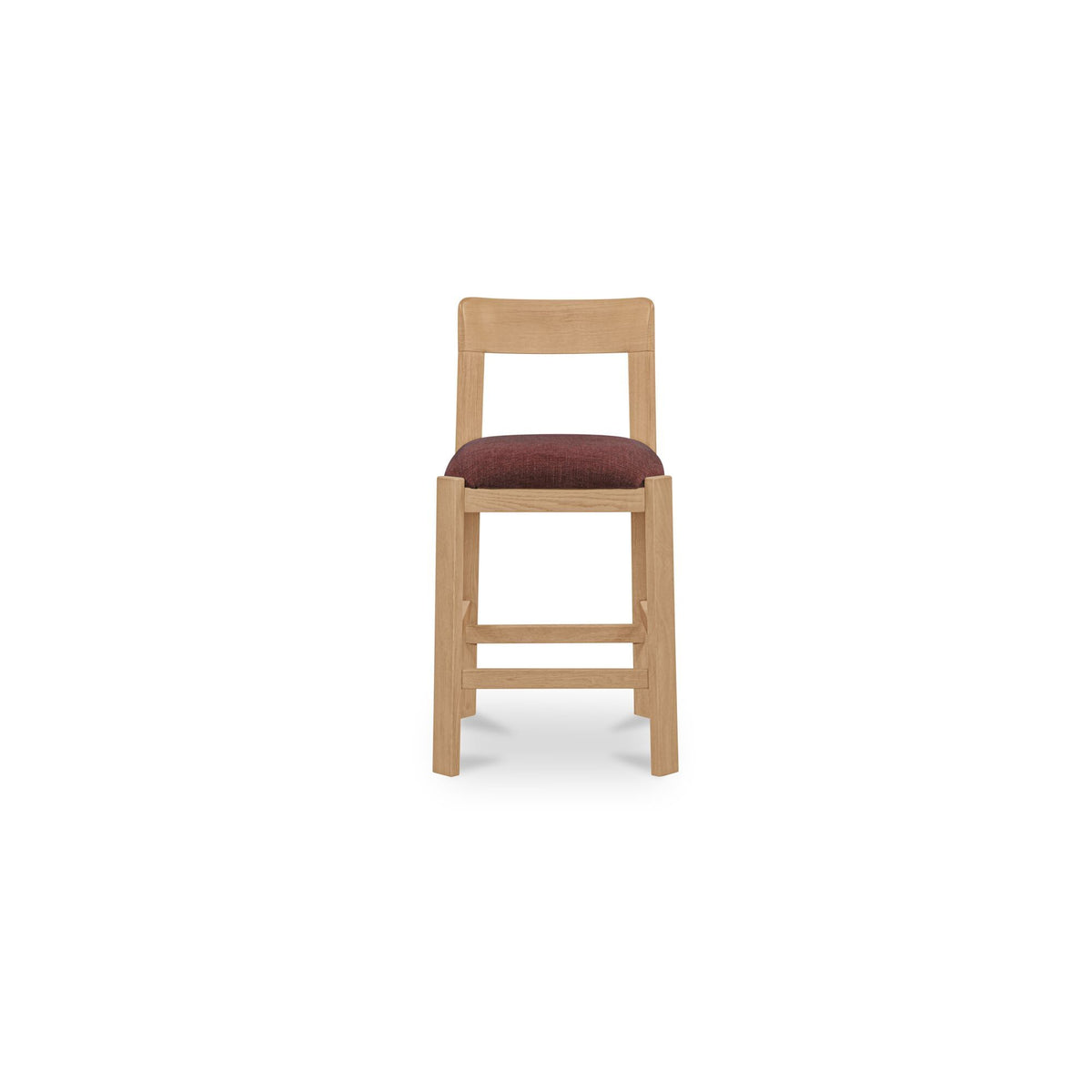 Wooden counter stool with open back and burgundy upholstered seat