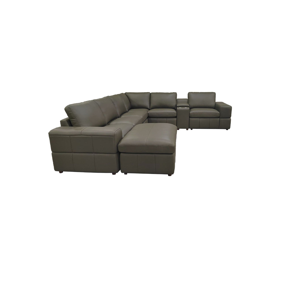 Dark modular sectional sofa with large square arms and chaise-style corner, gray upholstery