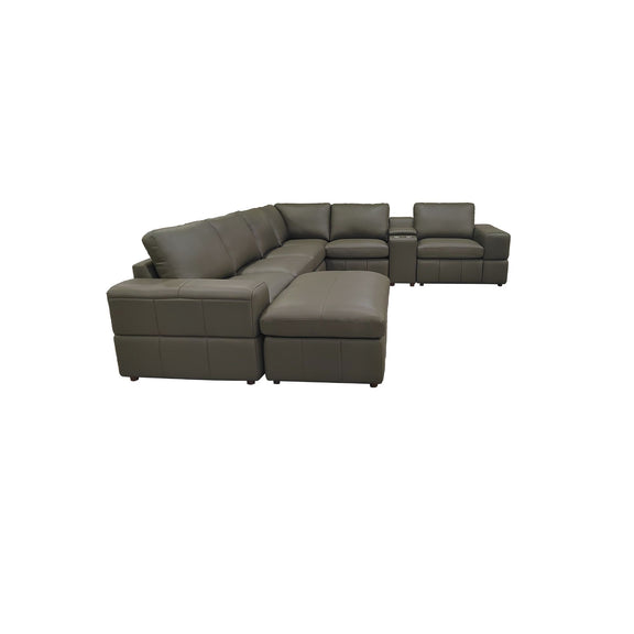 Dark modular sectional sofa with large square arms and chaise-style corner, gray upholstery