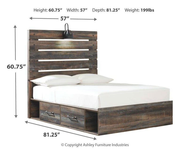 Panel bed with dark wood panel headboard, two lower drawers, and white mattress
