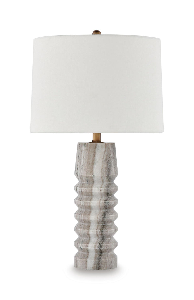 Desmont marble table lamp with white fabric shade and gray stone base