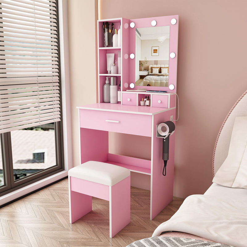 Vanity Table With Mirror, Adjustable LED Lights, Power Outlet, Hairdryer Holder & Stool