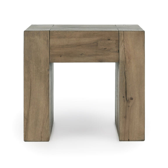 Reclaimed oak table with drawer and open center, dark brown reclaimed wood