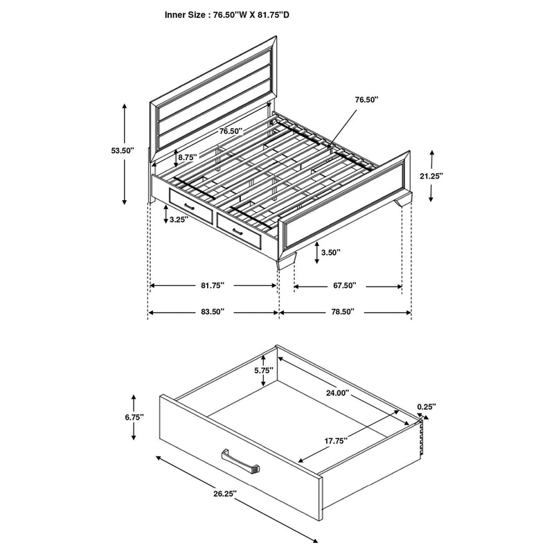 Bedroom bed dimensions diagram with slat base and drawer measurements in labeled view