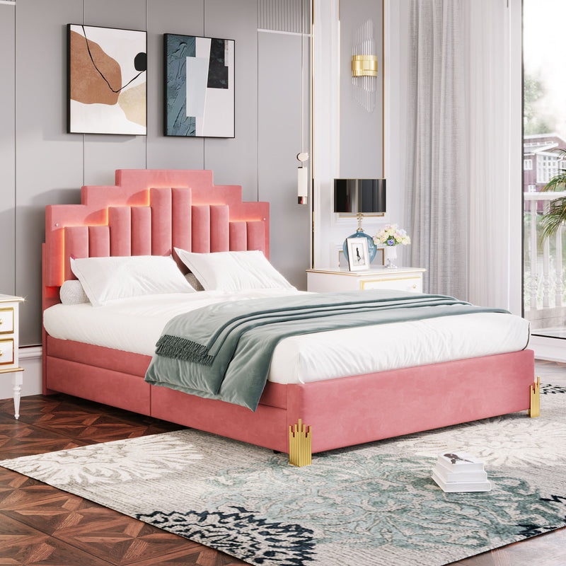 Queen Size Upholstered Platform Bed With LED Lights And 4 Drawers, Stylish Irregular Metal Bed Legs Design - Pink