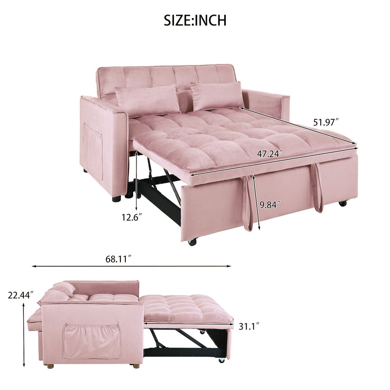 Convertible sofa bed with pull-out bed frame, blush pink upholstery with skirt panels