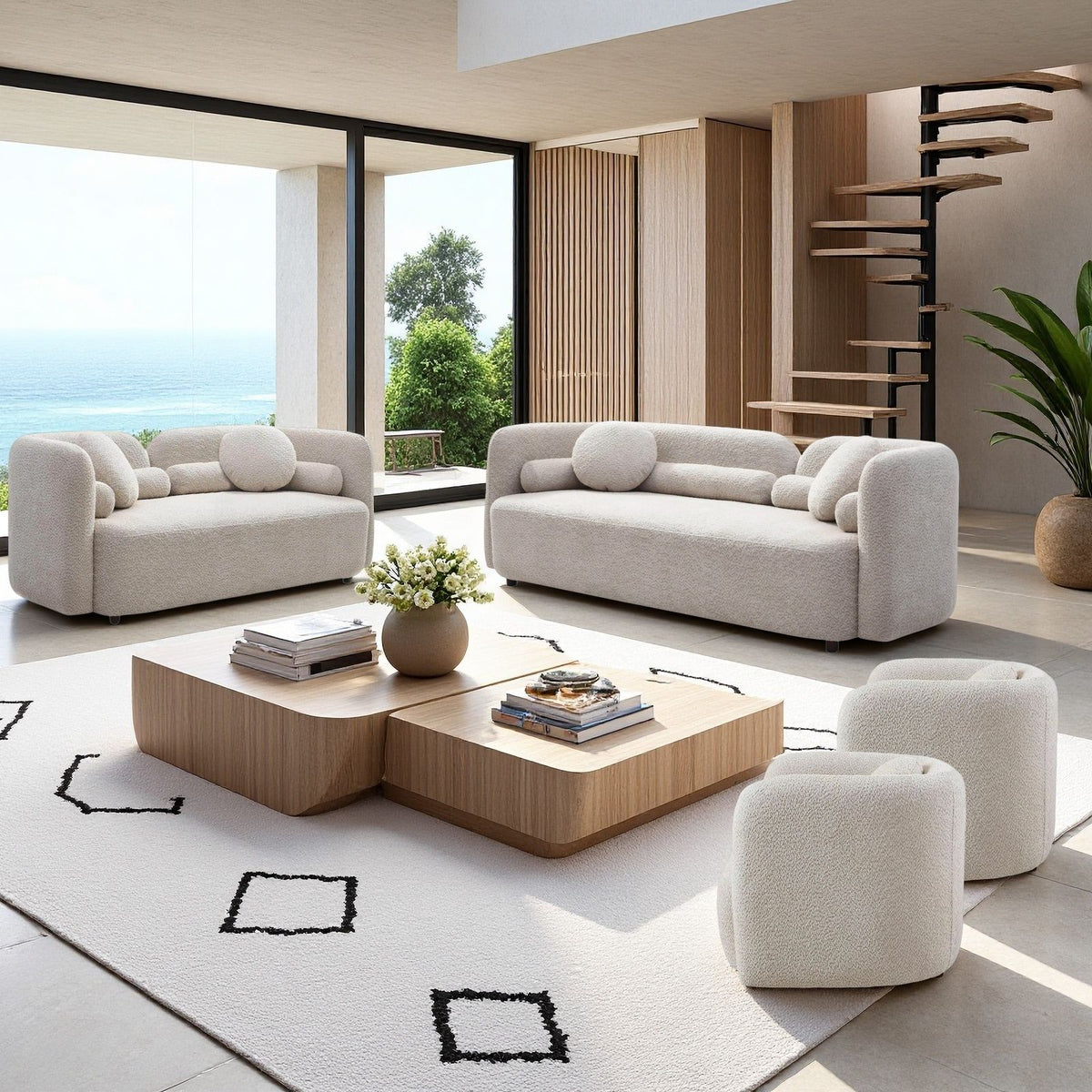Light beige fabric sofa set with loveseat, sofa, and upholstered armchairs