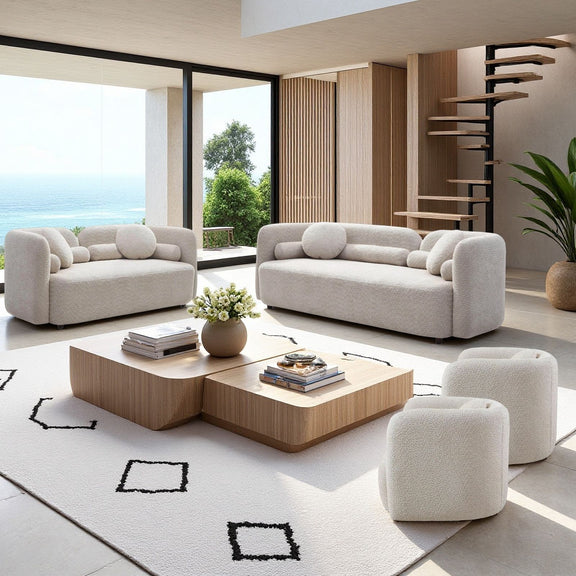 Light beige fabric sofa set with loveseat, sofa, and upholstered armchairs