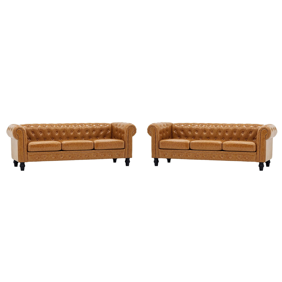 Front view of a light brown two-piece sofa set with button-tufted backs and rolled arms