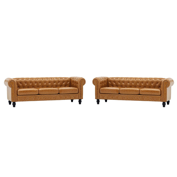 Front view of a light brown two-piece sofa set with button-tufted backs and rolled arms