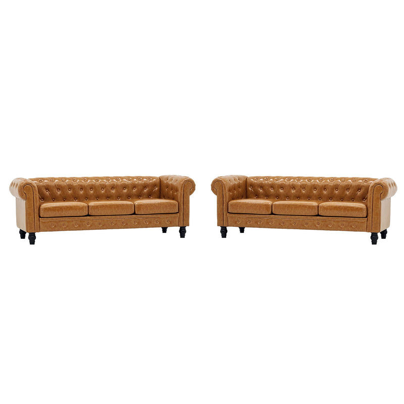 Front view of a light brown two-piece sofa set with button-tufted backs and rolled arms