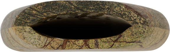 Green and gold marble vase with dark top opening, wide oval rim.