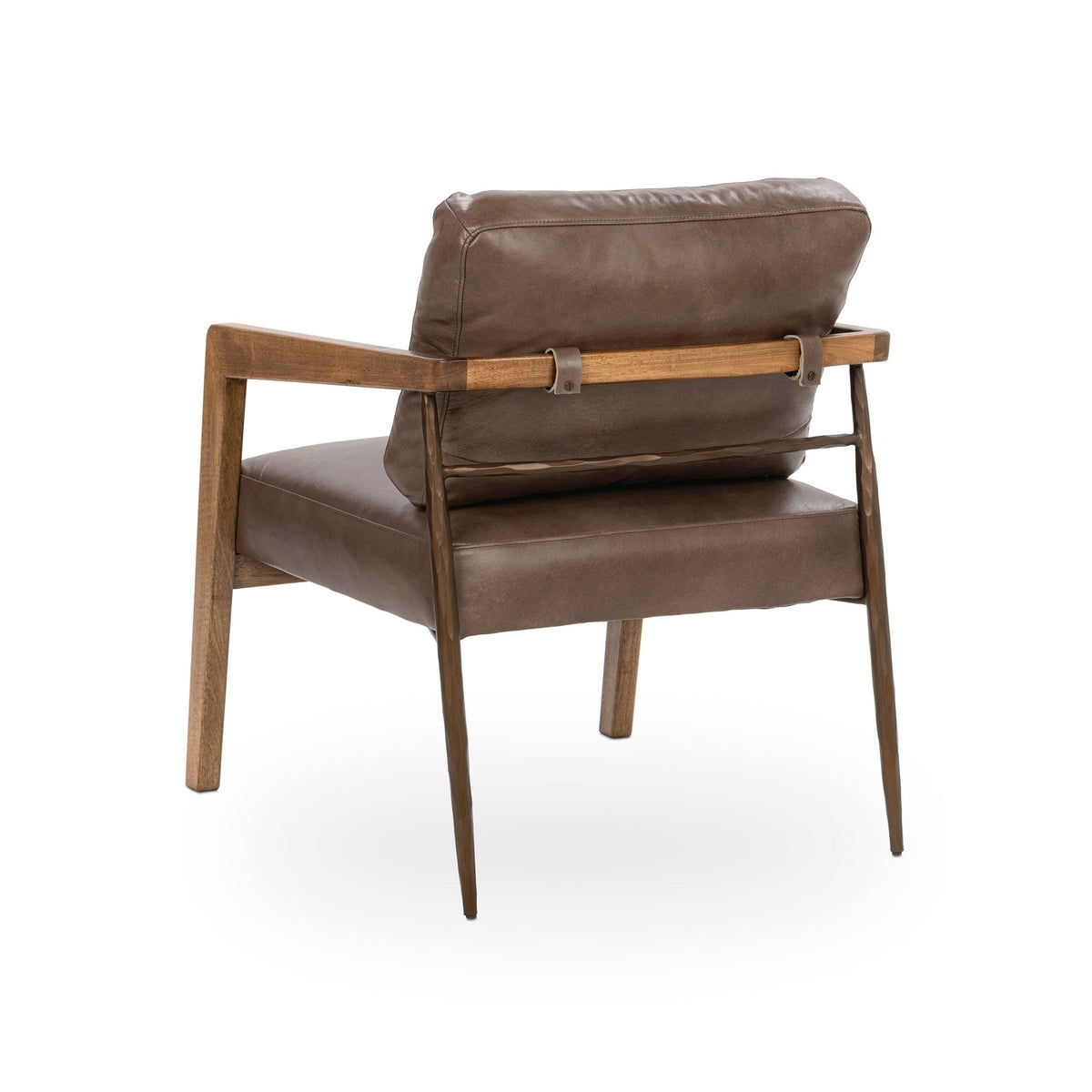 Truffle brown accent chair side view with tufted back cushion and wood frame
