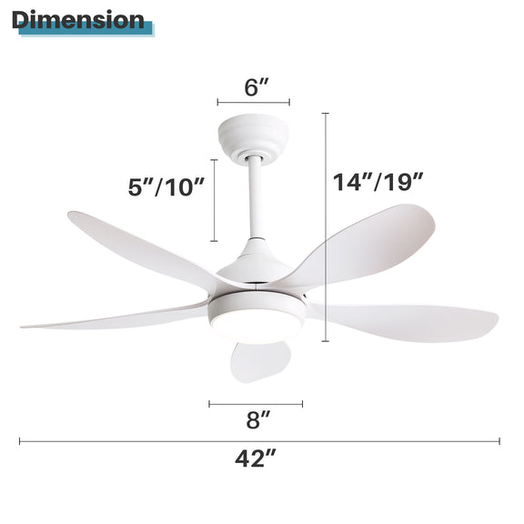 Ceiling fan size diagram: 42 in blade span, 14/19 in height, 8 in canopy