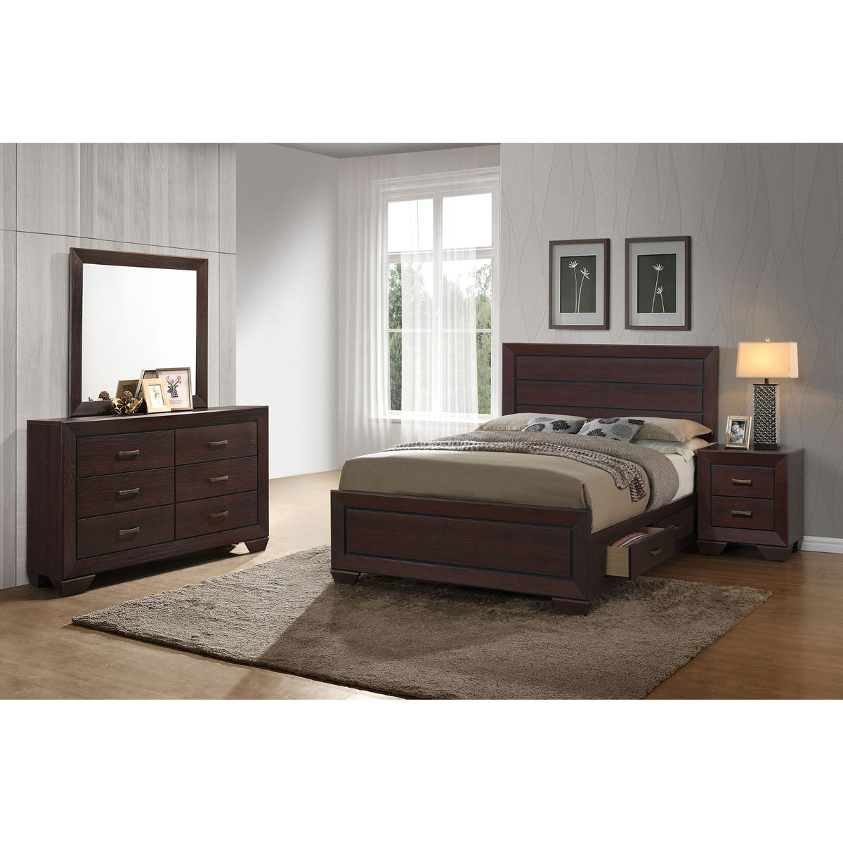 Dark brown bedroom set with panel bed, matching nightstands, dresser, and mirror in a room