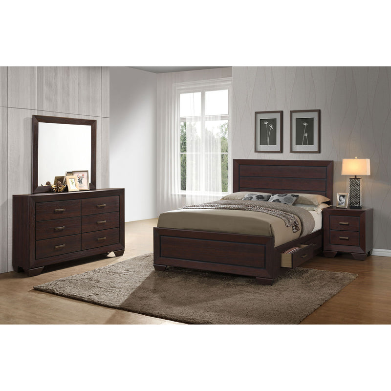 Dark brown bedroom set with panel bed, matching nightstands, dresser, and mirror in a room