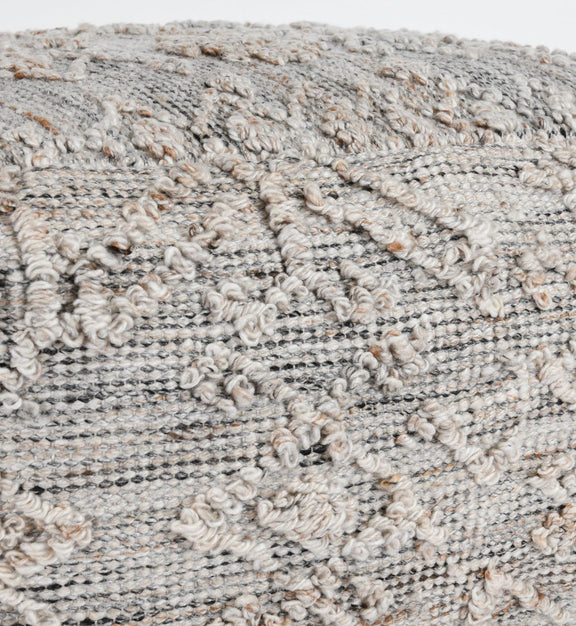 Gray multi pouf fabric close-up, boucle loops and striped knit threads