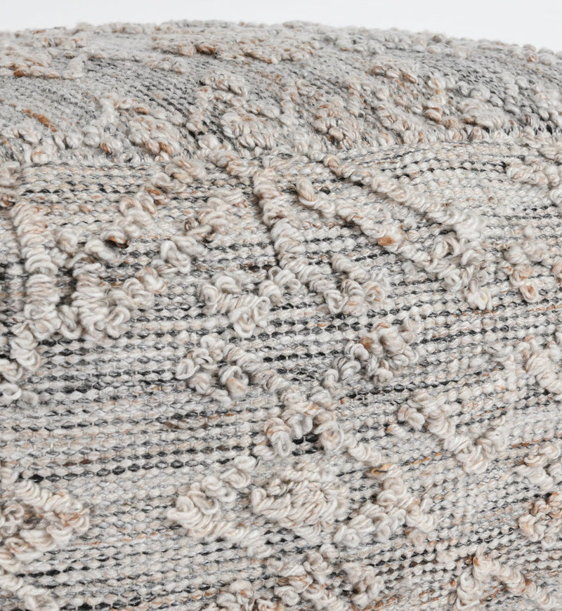Gray multi pouf fabric close-up, boucle loops and striped knit threads