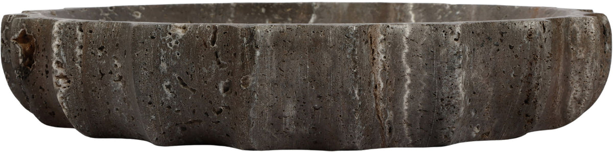 Dark gray travertine bowl side view with rounded low profile and veining.