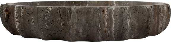 Dark gray travertine bowl side view with rounded low profile and veining.