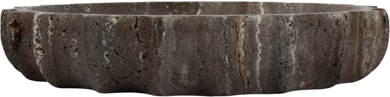 Dark gray travertine bowl side view with rounded low profile and veining.