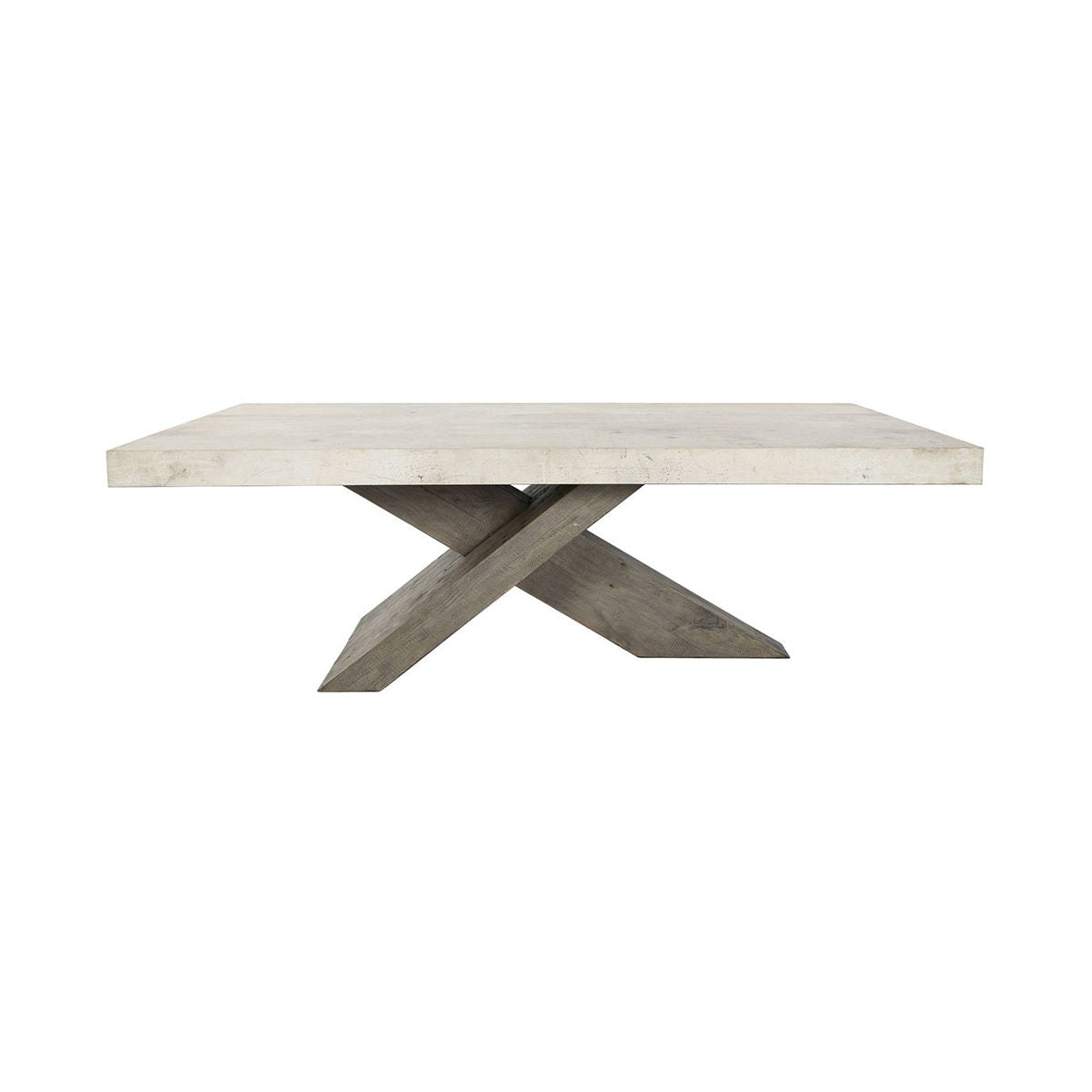Distressed gray coffee table with square top and crossed dark gray support beams