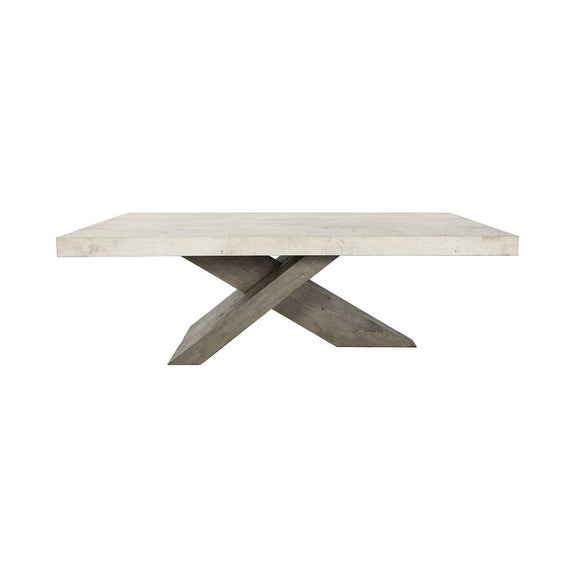 Distressed gray coffee table with square top and crossed dark gray support beams